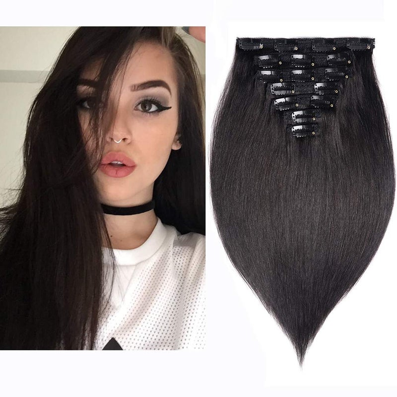 FAAAL 20" Clip in Human Hair Extensions Full Head 180g 7 Pieces 16 Clips Natural Black Double Weft Brazilian Real Remy Hair Extensions Thick Straight Silky (20" 180g, #1B) - Image 1